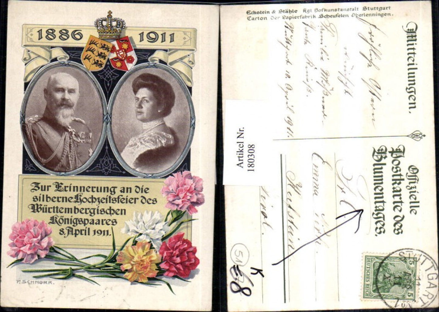 180308,Künstler AK P. Schnorr Postkarte des Blumentages silberne Hochzeit d. Königspaares Württemberg 1911