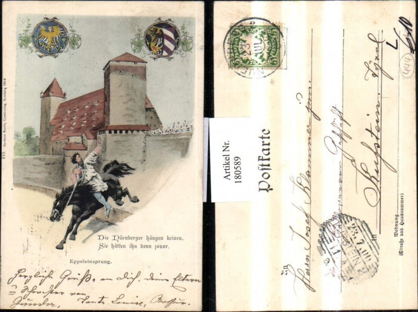 180589,Litho AK Nürnberg Eppeleinsprung Burg Wappen Pferd