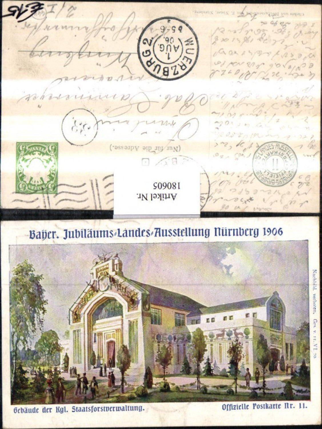 180605,Künstler AK Nürnberg Jubiläums-Landes-Ausstellung 1906 Gebäude Kgl. Staatsforstverwaltung