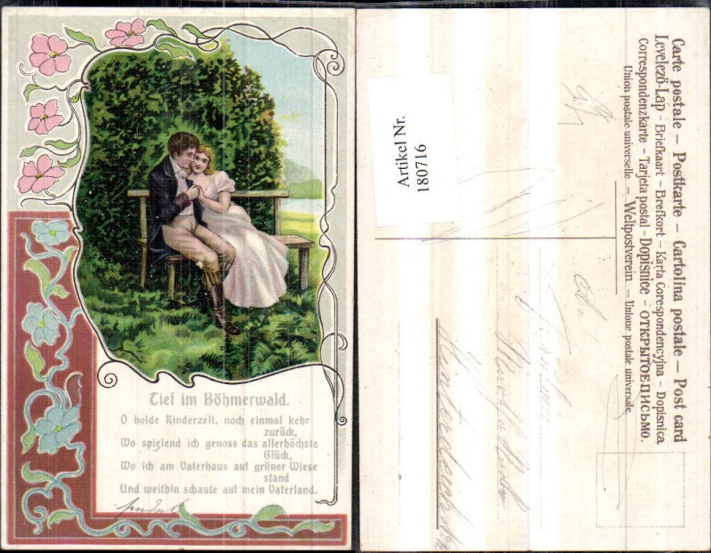 180716,Liebe Präge Litho Tief i. Böhmerwald Spruch Mann Frau a. Bank