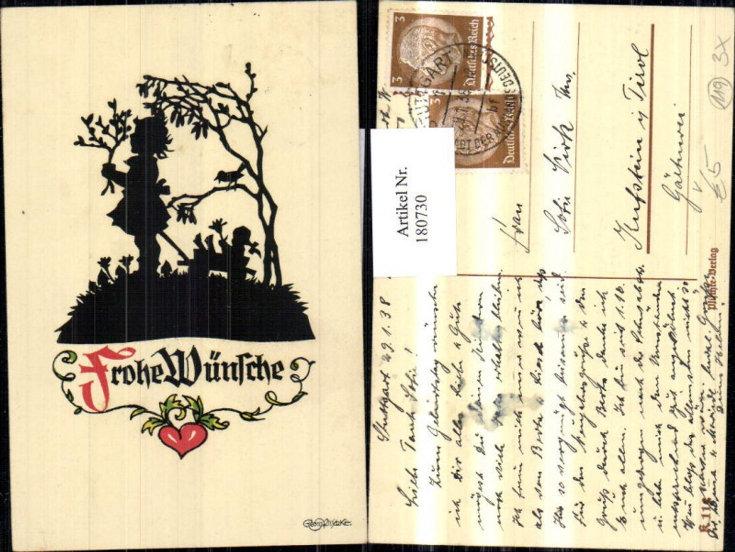 180730,Scherenschnitt Frohe Wünsche Kind m. Leiterwagen Spielzeug Blumen pub Georg Plischke k 112