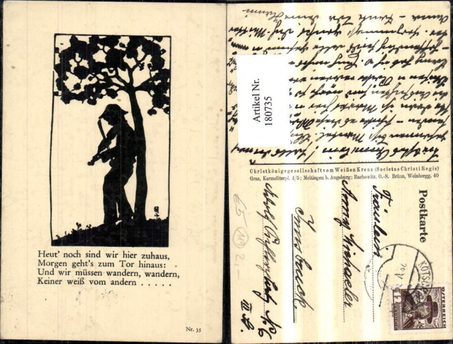 180735,Scherenschnitt Mann Junge m. Geige b. Baum Spruch