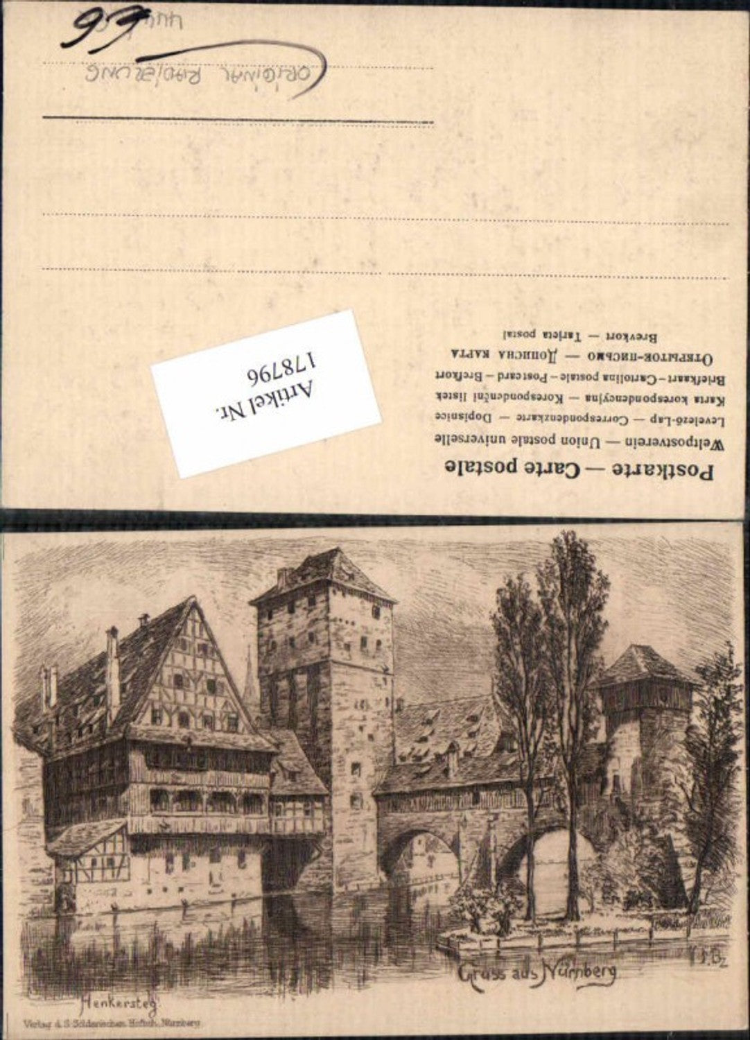 178796,Künstler AK Gruss aus Nürnberg Henkersteg Radierung