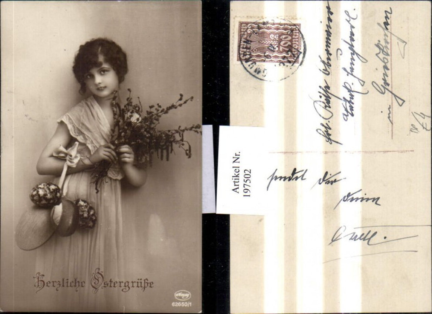 197502,Ostergrüße Mädchen m. Kleid Palmzweige Ostereier Eier Bahnpost Zug 277