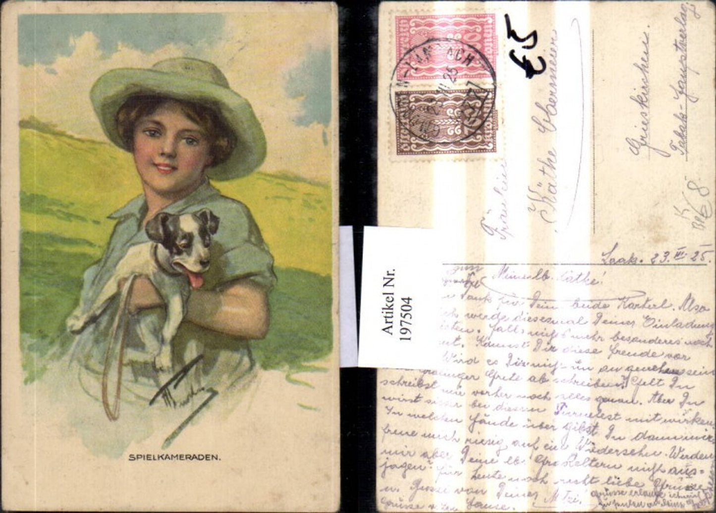 197504,Künstler AK H. Burton Mädchen m. Hut Hund Spielkameraden Bahnpost Zug 277