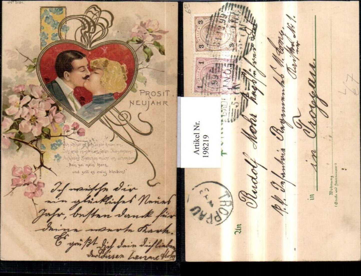 198219,Litho AK Prosit Neujahr Gedicht Liebe Liebespaar Kuss Blumenzweige Herz