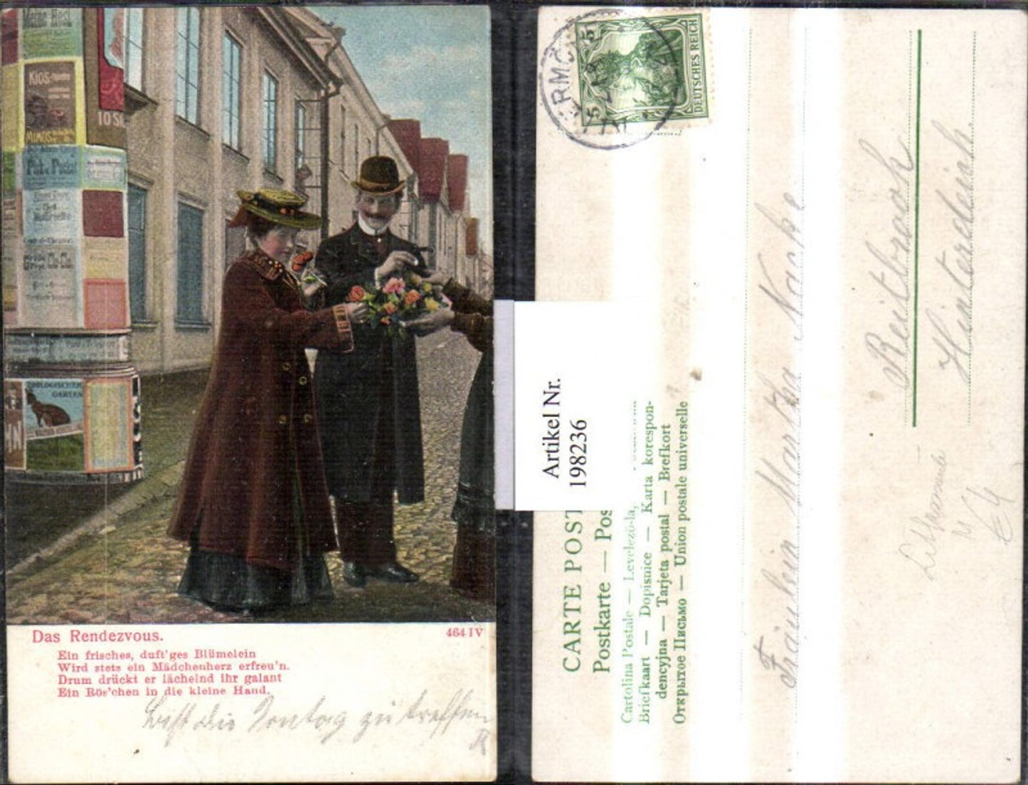 198236,Das Rendezvous Gedicht Liebe Liebespaar Hut Rosen Blumen Litfaßsäule