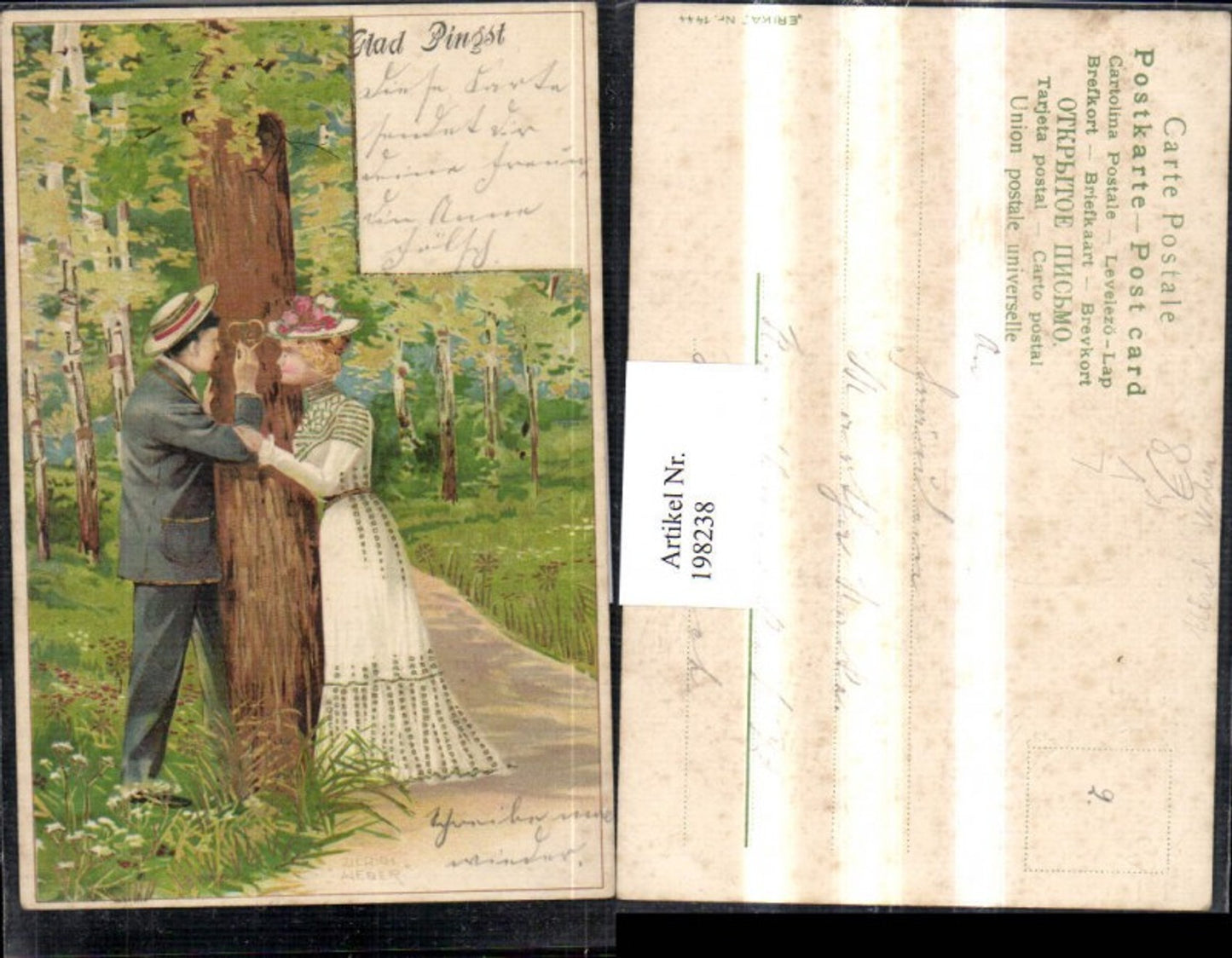 198238,Litho AK Künstler Ulrich Weber Golddruck Liebe Liebespaar Mann ritzt in den Baum pub Erika 1444