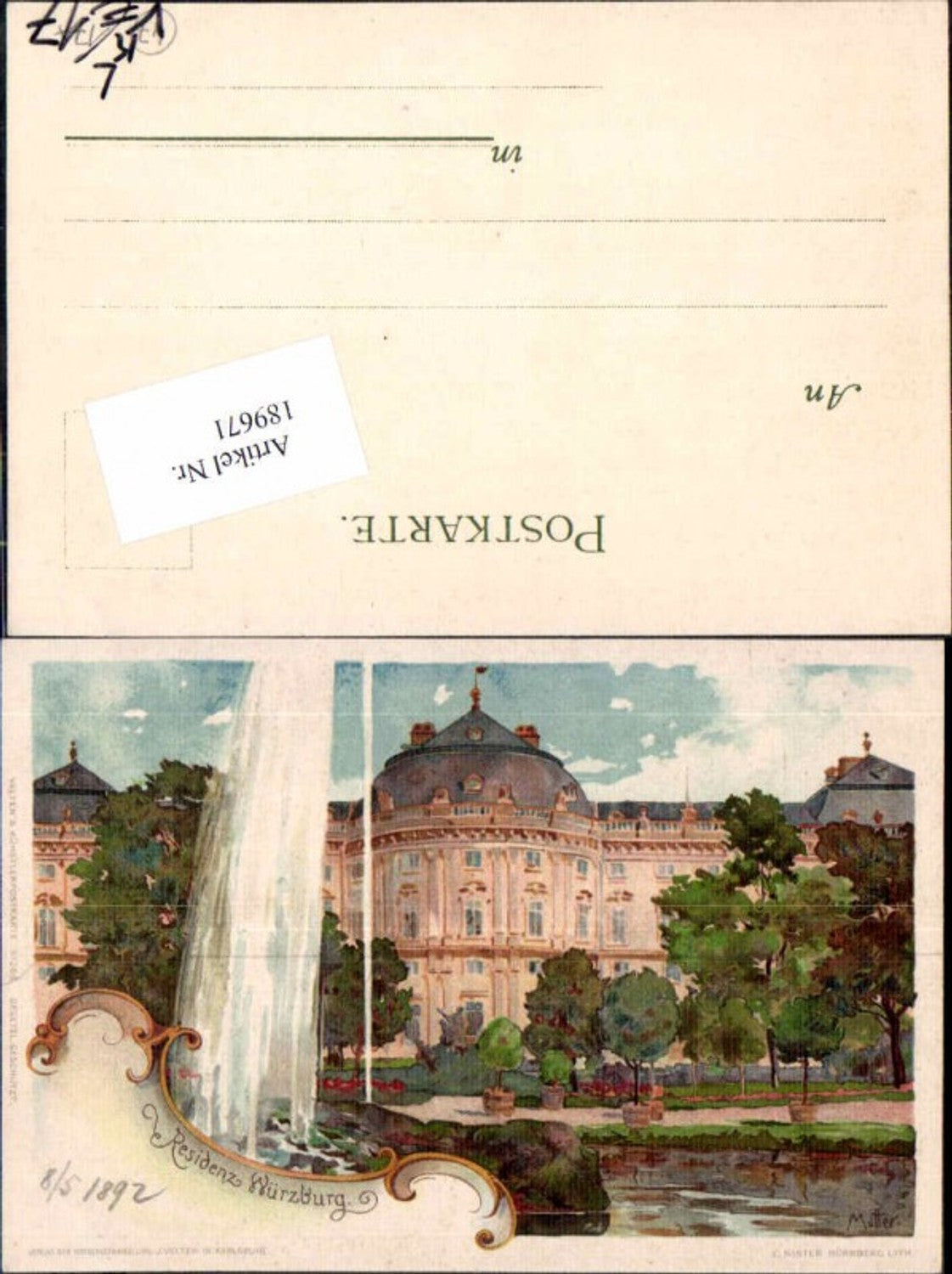 189671,Künstler Litho K. Mutter Residenz Würzburg 1892 !! pub Velten 268