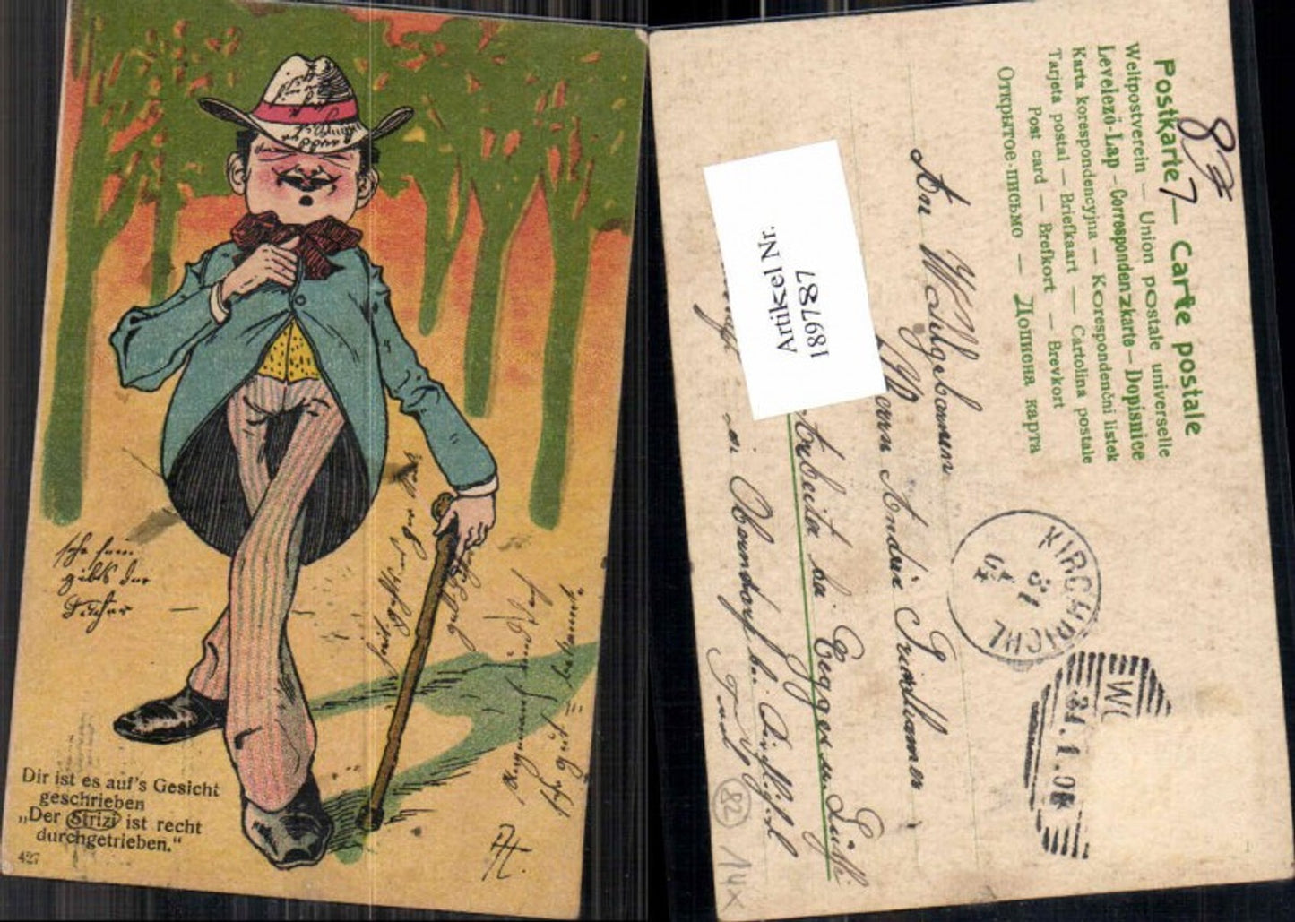 189787,Künstler AK Mann m. Hut Simplicissmus gehstock