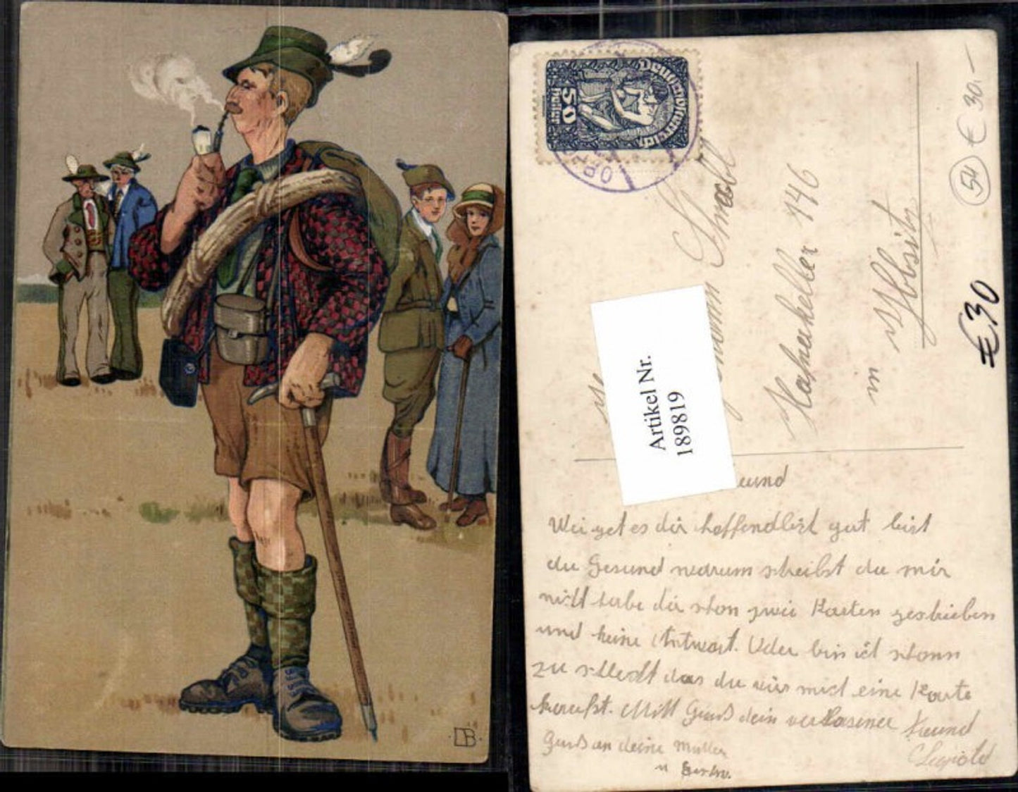 189819,Künstler AK Alpinismus Wanderer Gehstock Pfeife Simplicissmus Hut
