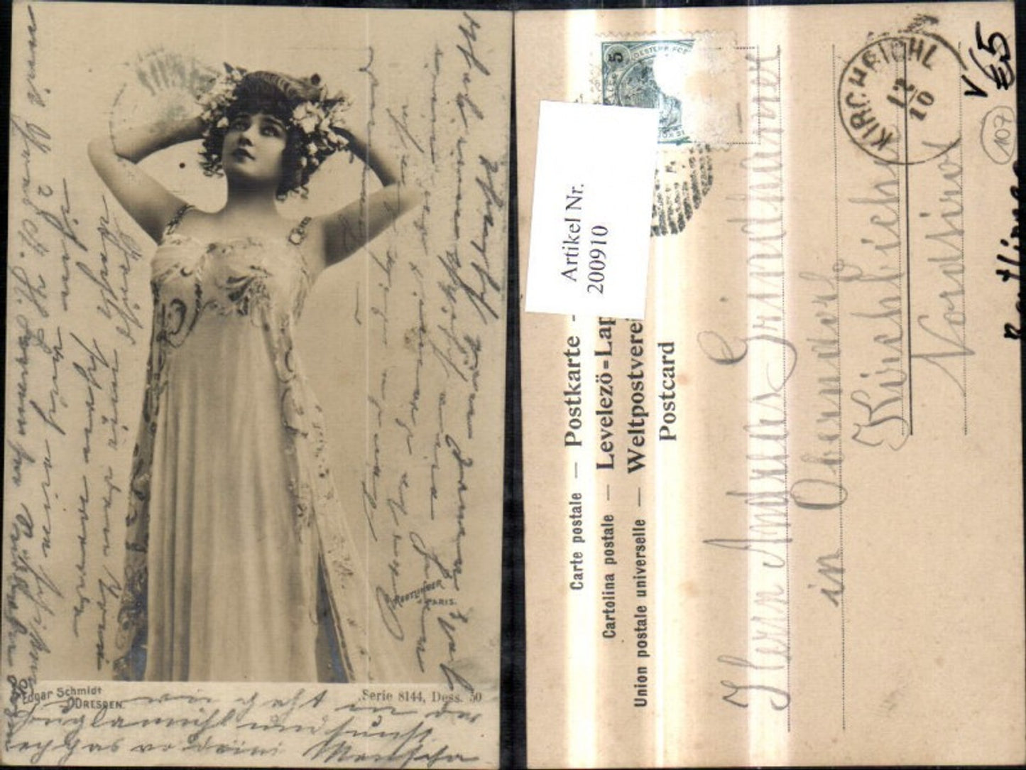 200910,Frau m. Kleid Blumen i. Haar Atelier Edgar Schmidt pub Reutlinger 8144/50