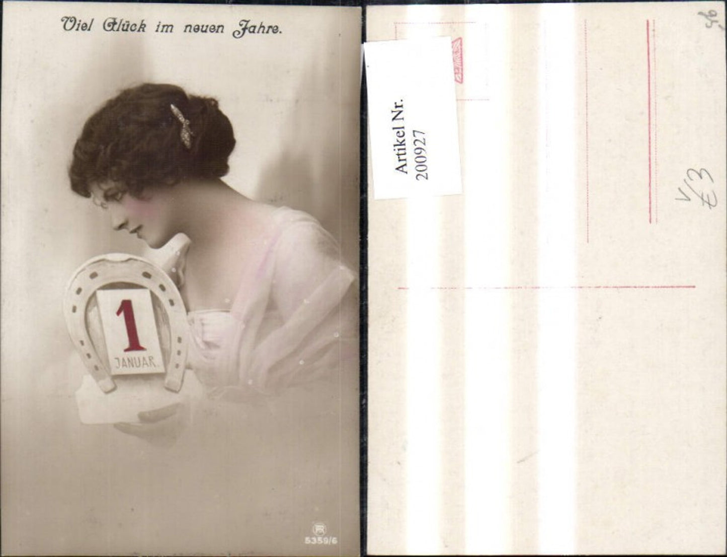 200927,Frau m. Hufeisen Kalenderblatt 1 Januar Viel Glück i. neuen Jahr pub RPH 5359/6