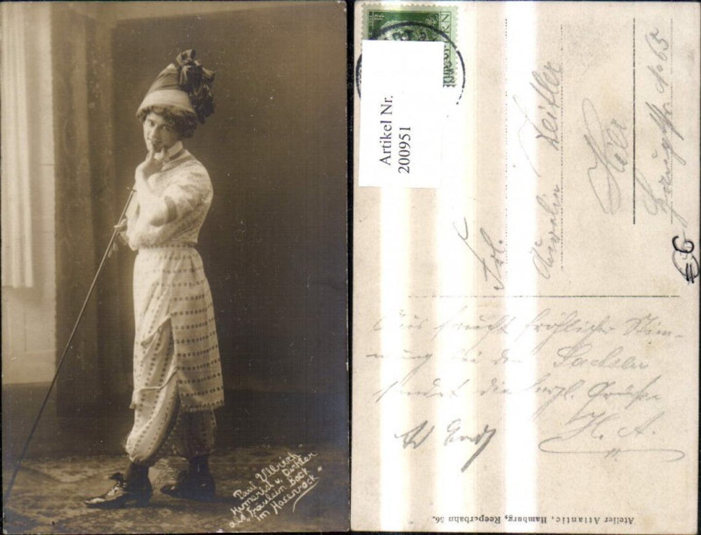 200951,Paul Ullrich Humorist u. Dichter als Fräulein Bock i. Hosenrock Kostüm