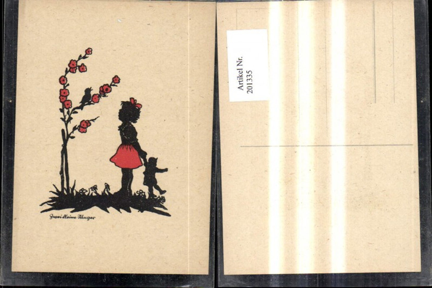 201335,Scherenschnitte Silhouette Zwei kleine Sänger Vögel a. Strauch Kind Puppe