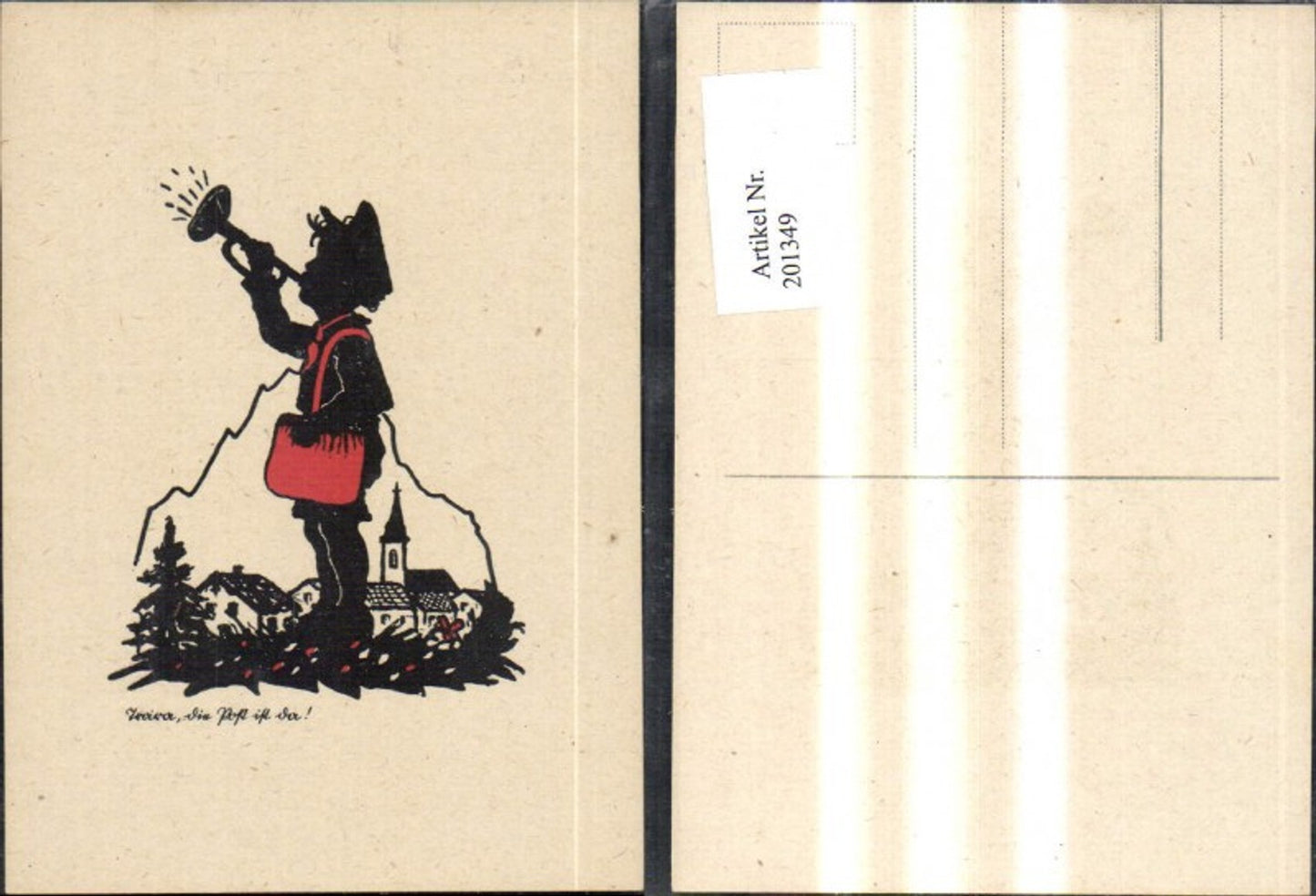 201349,Scherenschnitte Silhouette Hurra die Post ist da Kind Junge m. Tröte Dorf