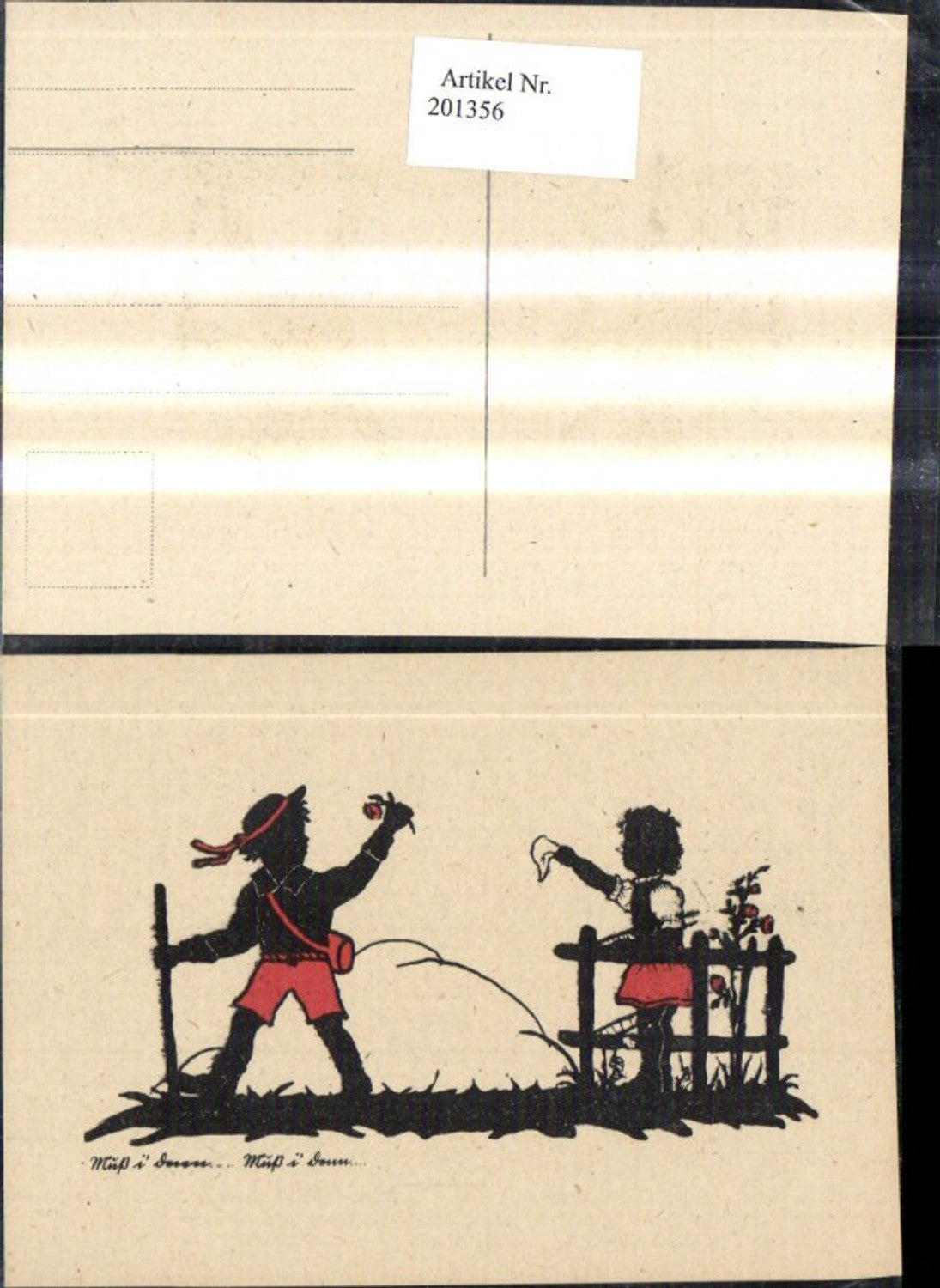 201356,Scherenschnitte Silhouette Abschied Wanderer Kind Mädchen winkt a. Zaun