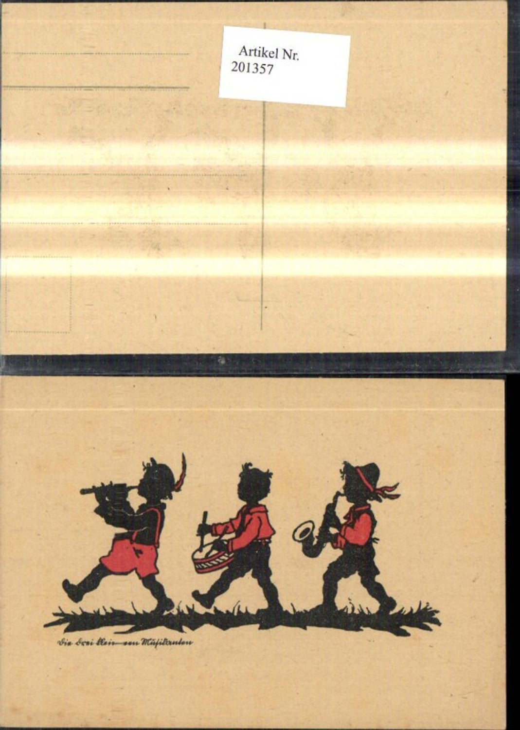 201357, Paper cutouts Silhouette Three Little Musicians Children's Instruments Flute Drum Saxophone