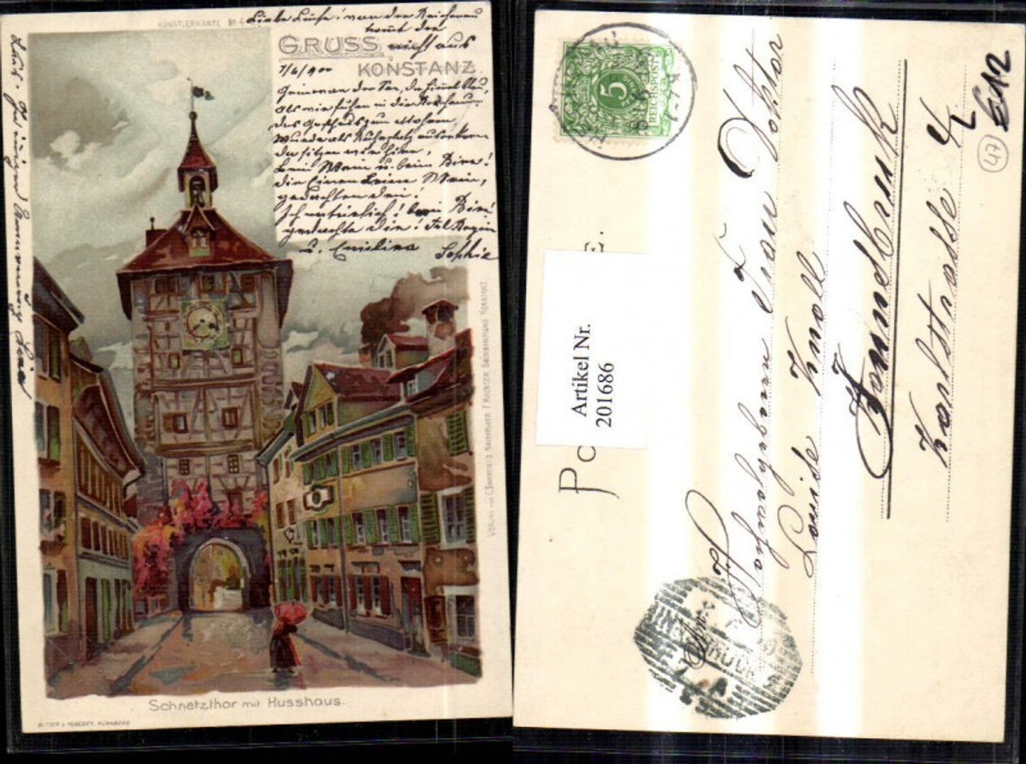 201686,Litho AK Gruß aus Konstanz Schnetzthor m. Husshaus Turm Tor
