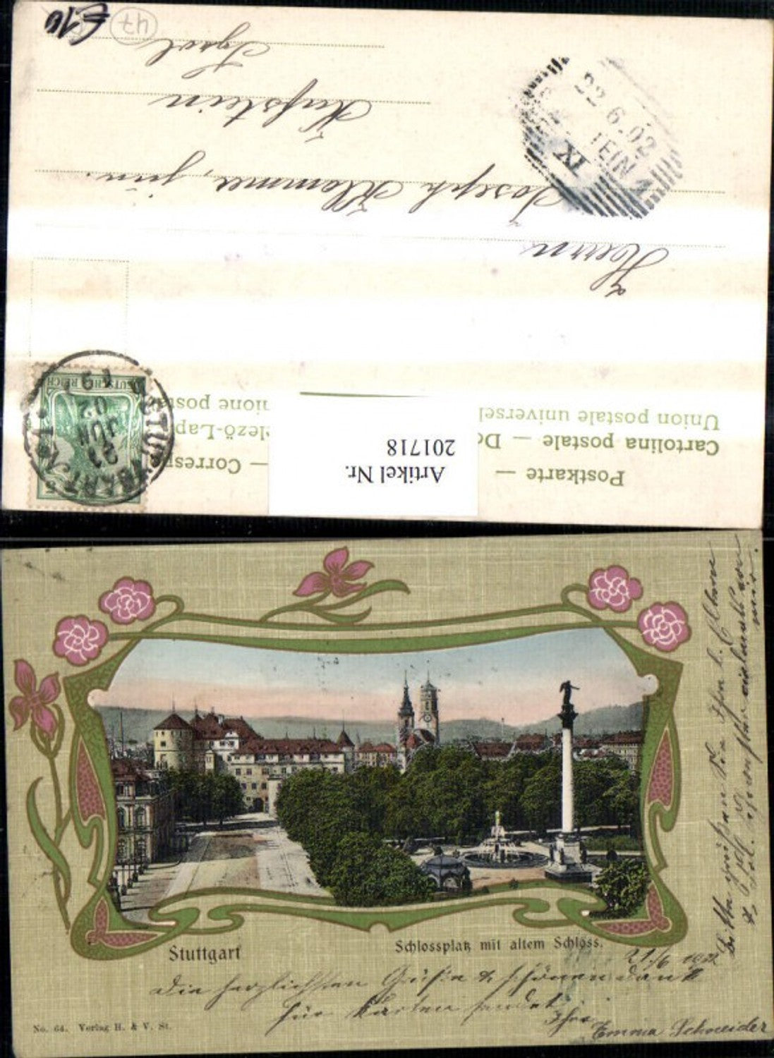 201718,Stuttgart Schlossplatz m. altem Schloss Säule Brunnen