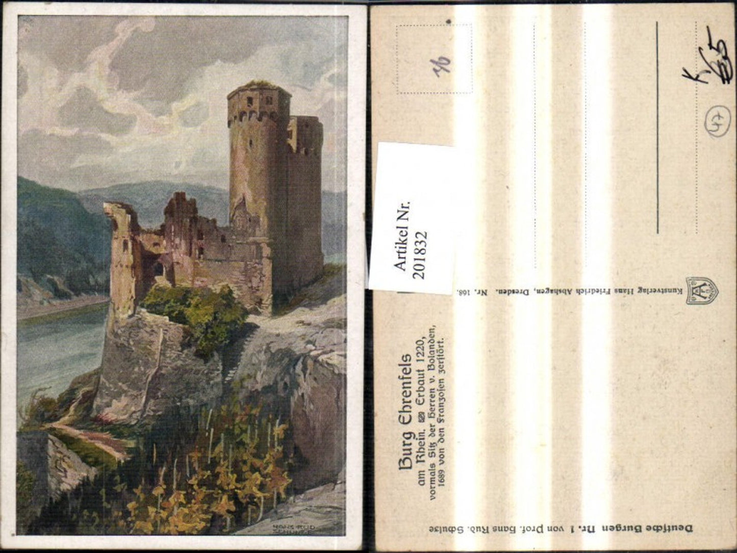 201832,Künstler AK Hans Rud. Schulze Burg Ehrenfels am Rhein