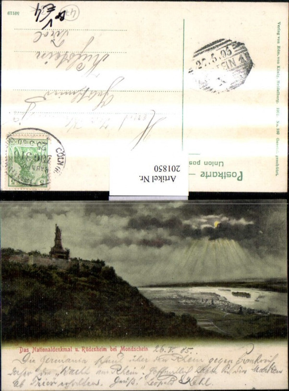 201850,Nationaldenkmal u. Rüdesheim b. Mondschein pub Edmund v. König 180 Bahnpost Zug 316