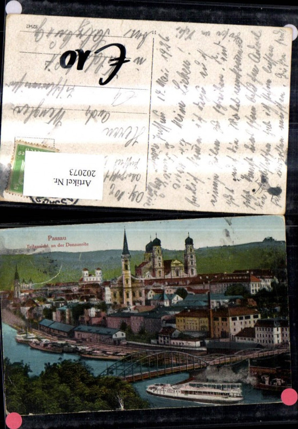 202073, Passau partial view Danube side bridge ship steamer