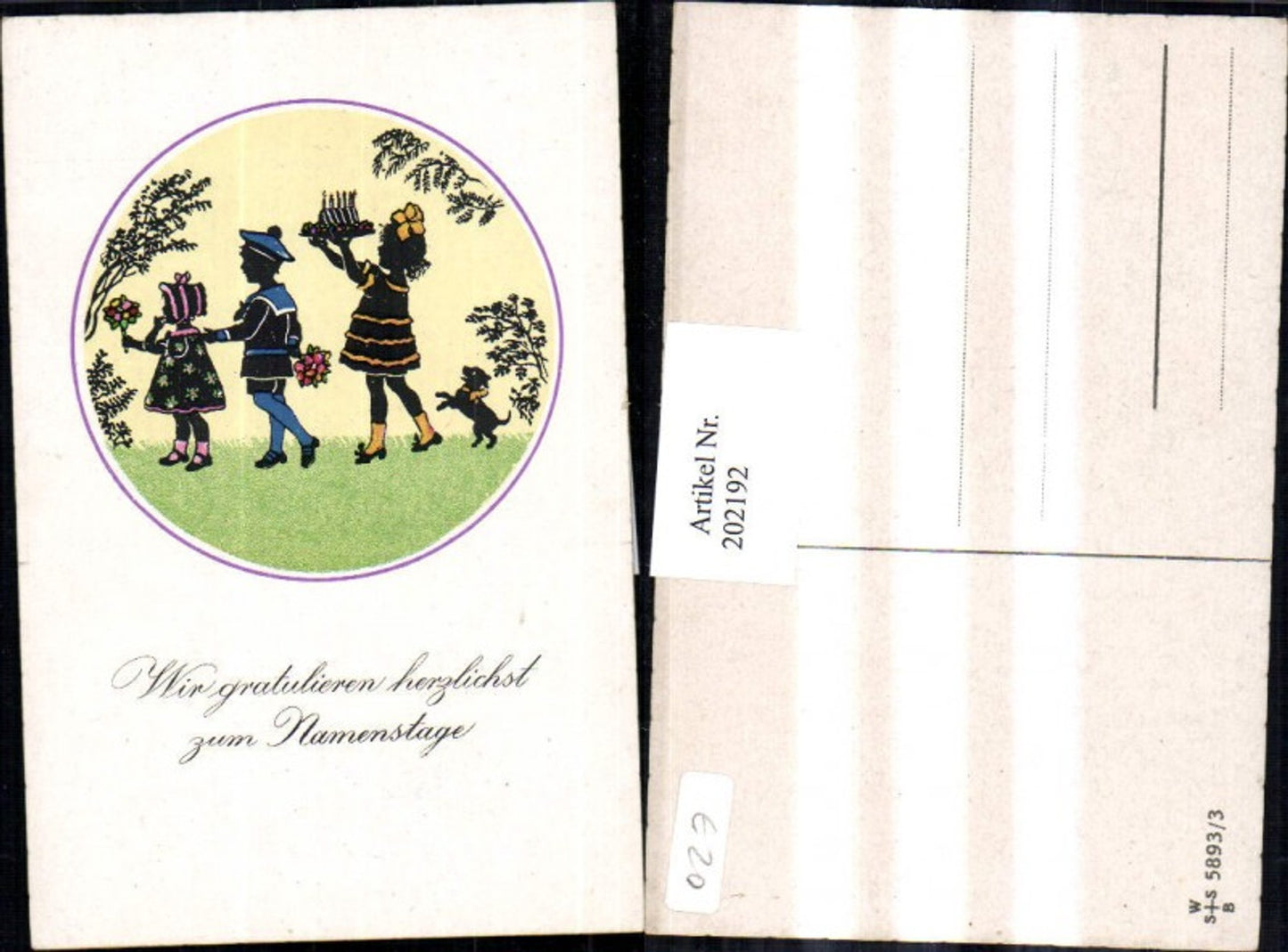 202192,Künstler AK F. Kaskeline Scherenschnitt Silhouette Kinder m. Blumen Kuchen Hund