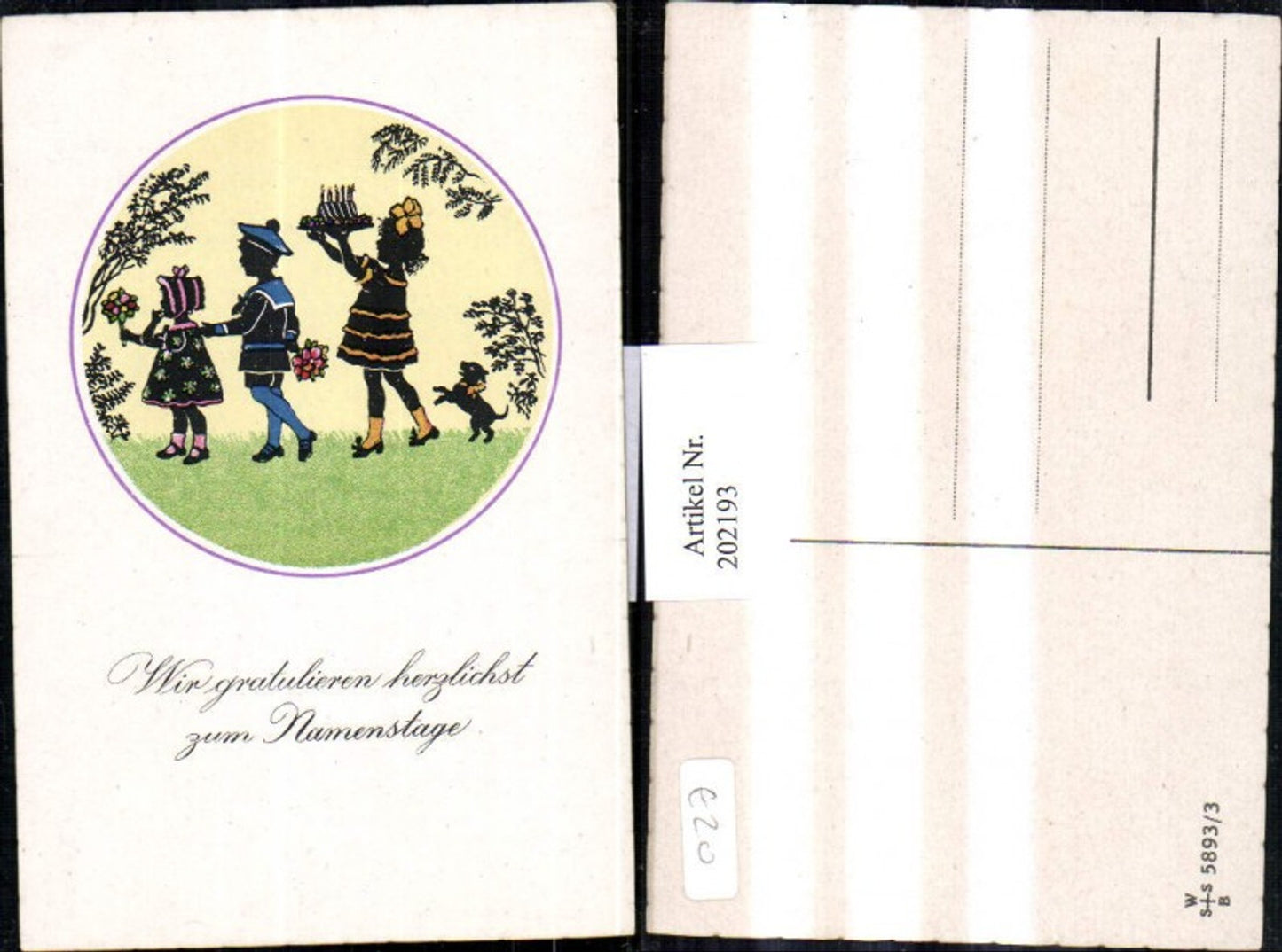 202193,Künstler AK F. Kaskeline Scherenschnitt Silhouette Kinder m. Blumen Kuchen Hund