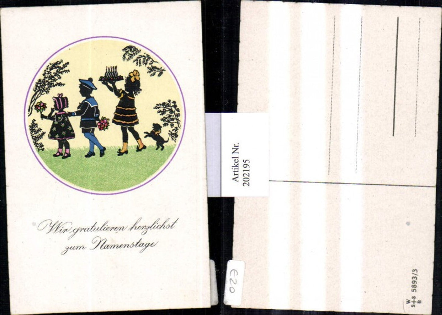 202195,Künstler AK F. Kaskeline Scherenschnitt Silhouette Kinder m. Blumen Kuchen Hund