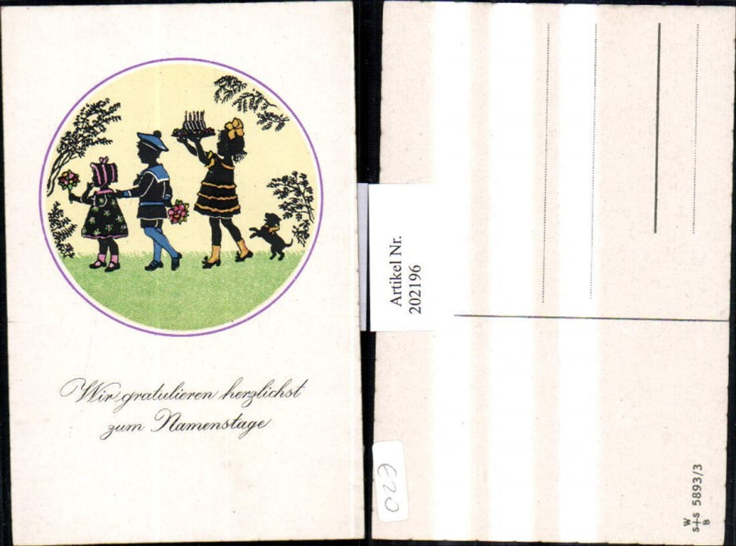 202196,Künstler AK F. Kaskeline Scherenschnitt Silhouette Kinder m. Blumen Kuchen Hund