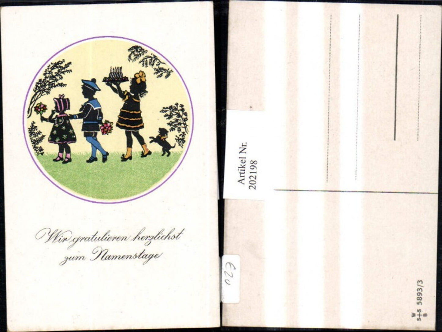 202198,Künstler AK F. Kaskeline Scherenschnitt Silhouette Kinder m. Blumen Kuchen Hund