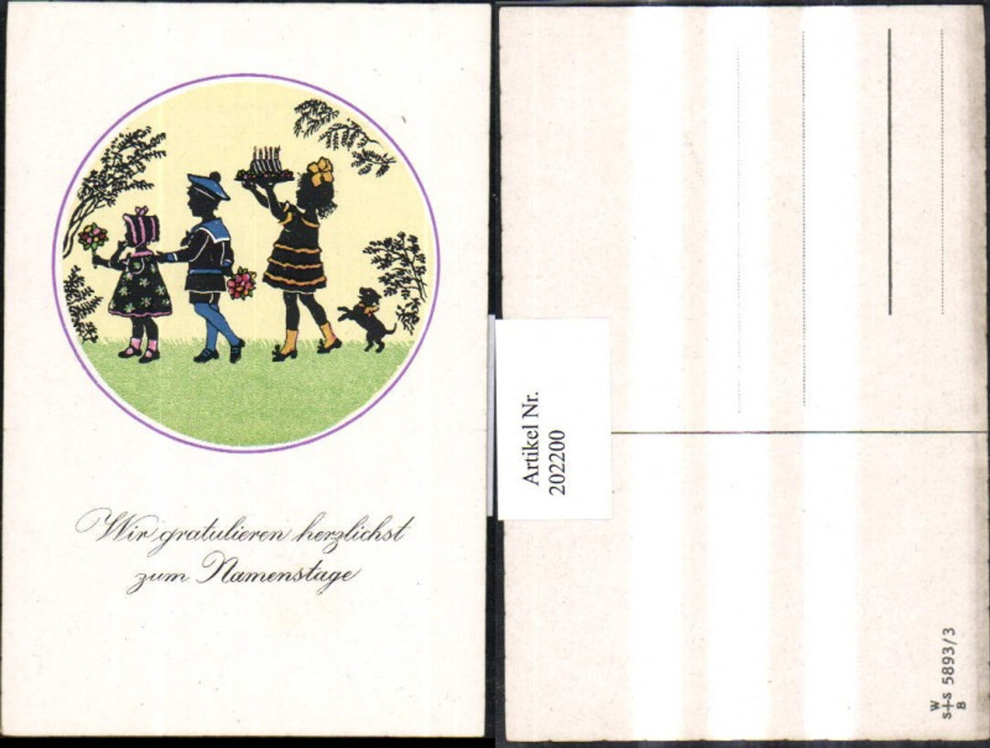 202200, Artist AK F. Kaskeline, paper cutout silhouette of children with flowers, cake, and dog