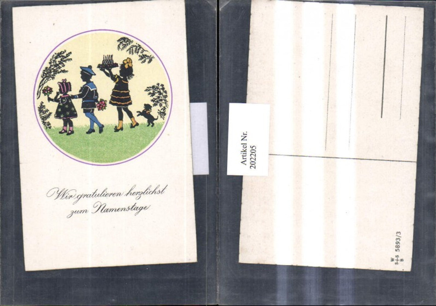 202205,Künstler AK F. Kaskeline Scherenschnitt Silhouette Kinder m. Blumen Kuchen Hund