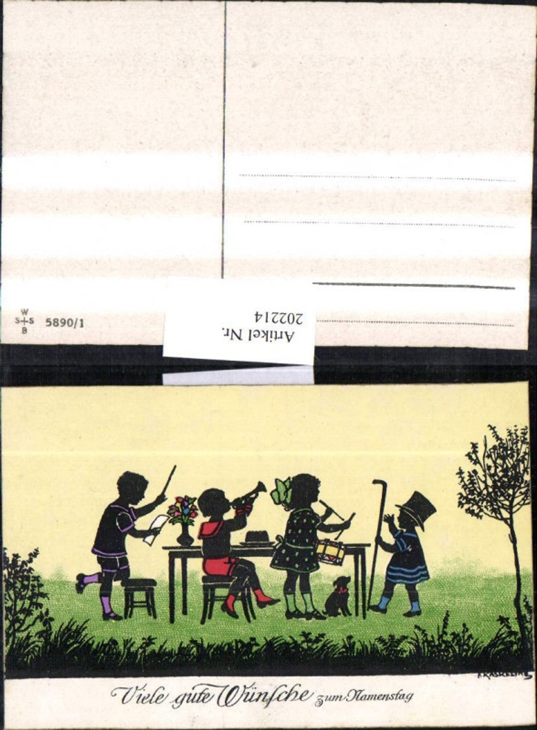 202214,Künstler AK F. Kaskeline Scherenschnitt Silhouette Kinder Dirigent Trompete Trommel Stock Hund