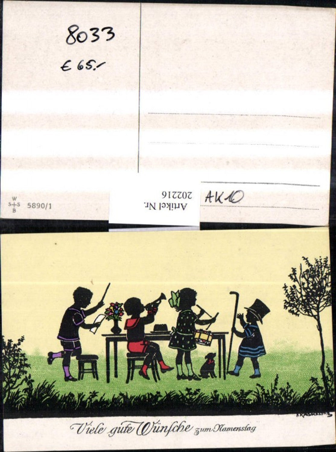 202216,Künstler AK F. Kaskeline Scherenschnitt Silhouette Kinder Dirigent Trompete Trommel Stock Hund