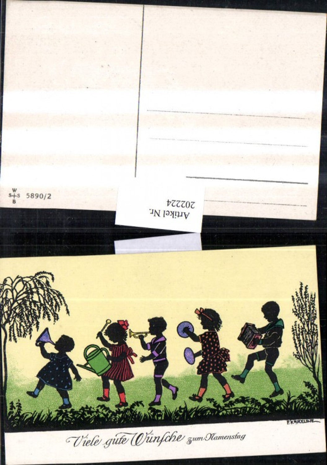 202224, Artist AK F. Kaskeline, silhouette cutout, children, watering can, funnel, trumpet, accordion