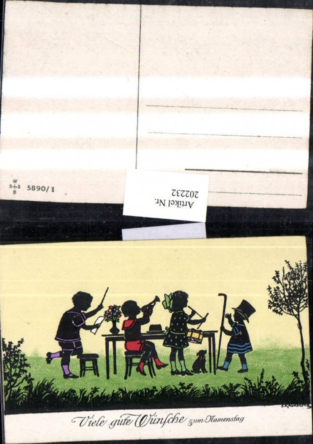 202232,Künstler AK F. Kaskeline Scherenschnitt Silhouette Kinder Dirigent Trompete Trommel Stock Hund