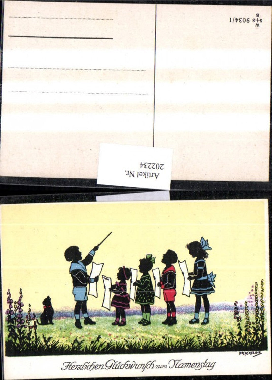 202234,Künstler AK F. Kaskeline Scherenschnitt Silhouette Kinder b. Singen Dirigent Hund Blatt Papier