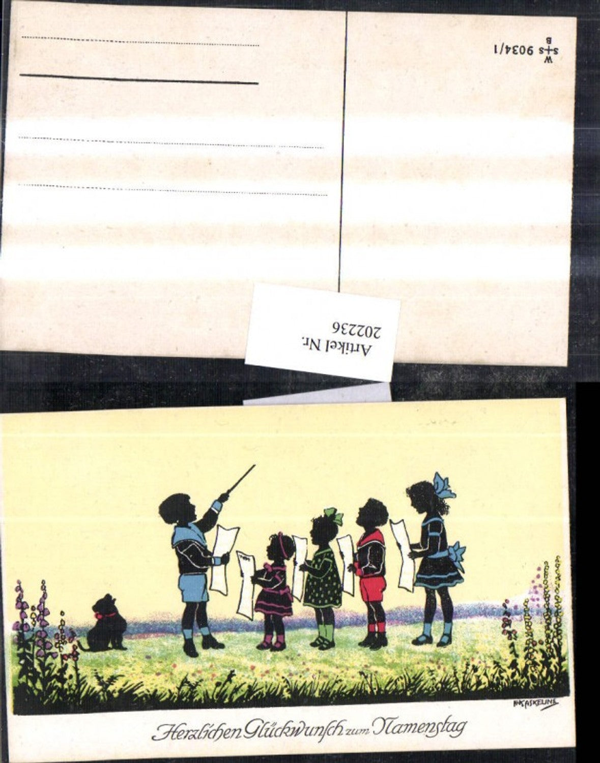 202236,Künstler AK F. Kaskeline Scherenschnitt Silhouette Kinder b. Singen Dirigent Hund Blatt Papier