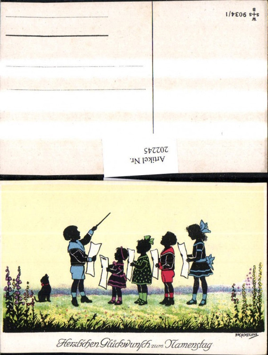 202245,Künstler AK F. Kaskeline Scherenschnitt Silhouette Kinder b. Singen Dirigent Hund Blatt Papier