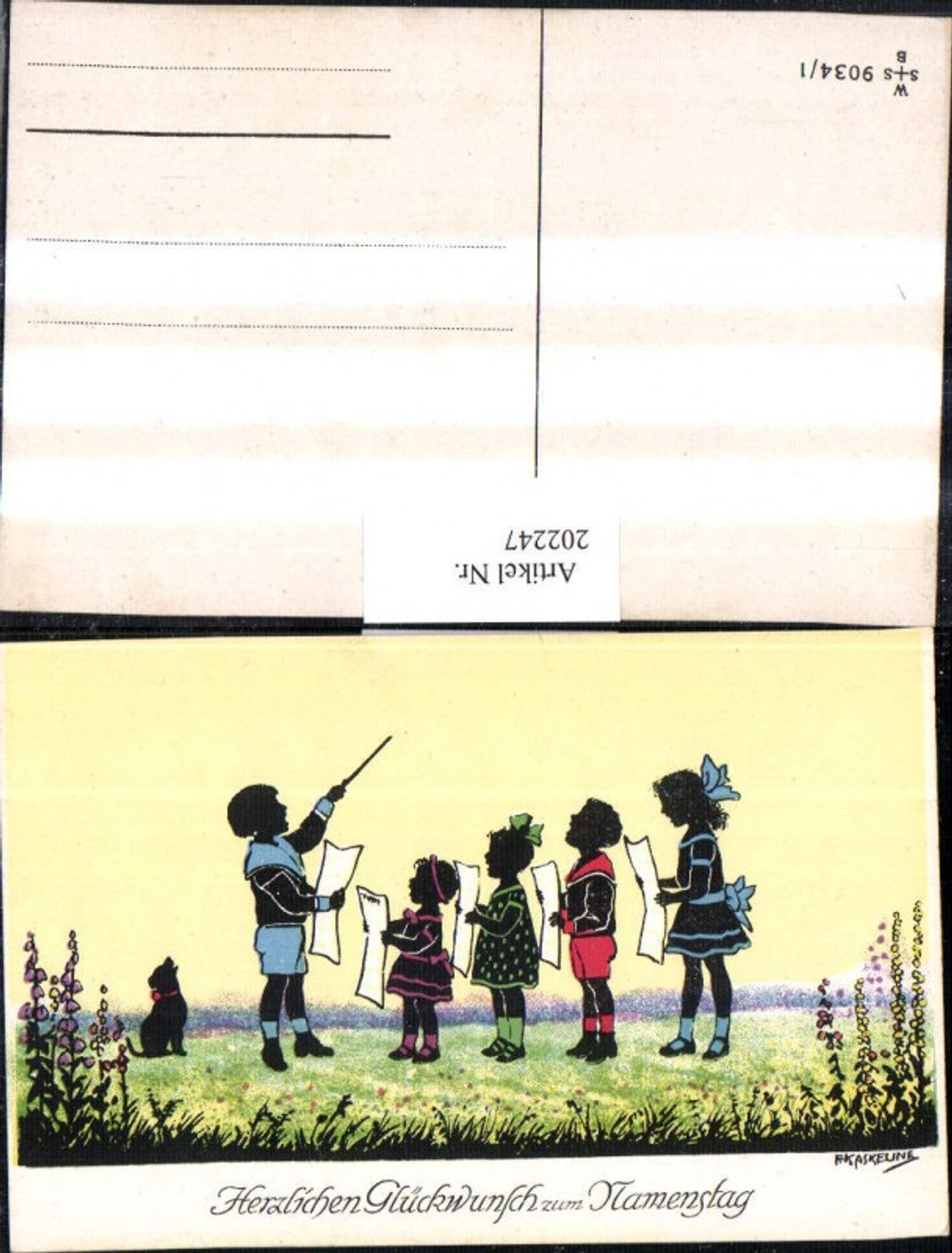 202247,Künstler AK F. Kaskeline Scherenschnitt Silhouette Kinder b. Singen Dirigent Hund Blatt Papier