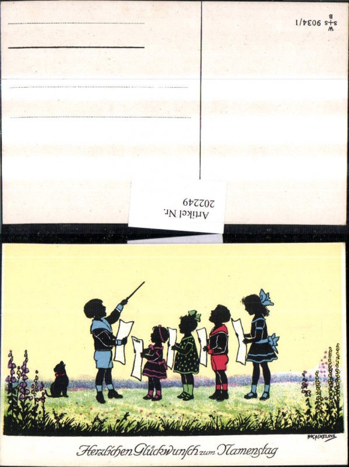 202249,Künstler AK F. Kaskeline Scherenschnitt Silhouette Kinder b. Singen Dirigent Hund Blatt Papier