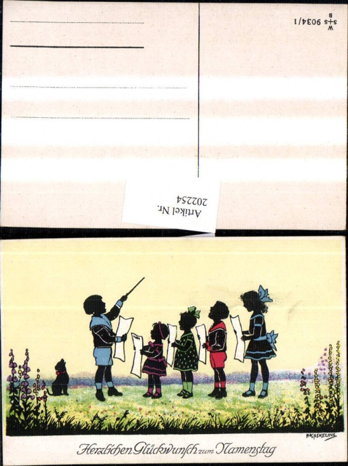 202254,Künstler AK F. Kaskeline Scherenschnitt Silhouette Kinder b. Singen Dirigent Hund Blatt Papier