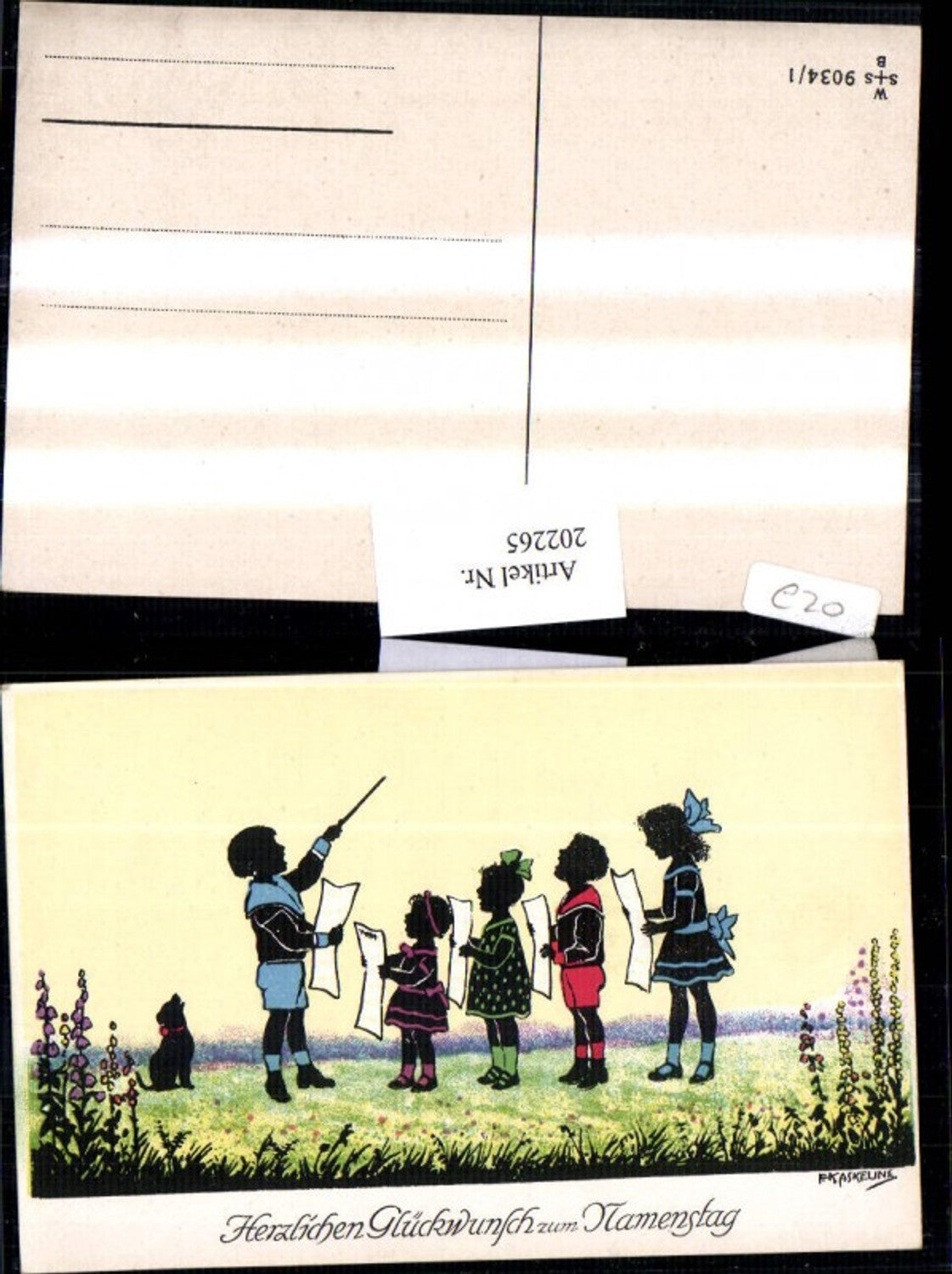 202265,Künstler AK F. Kaskeline Scherenschnitt Silhouette Kinder b. Singen Dirigent Hund Blatt Papier