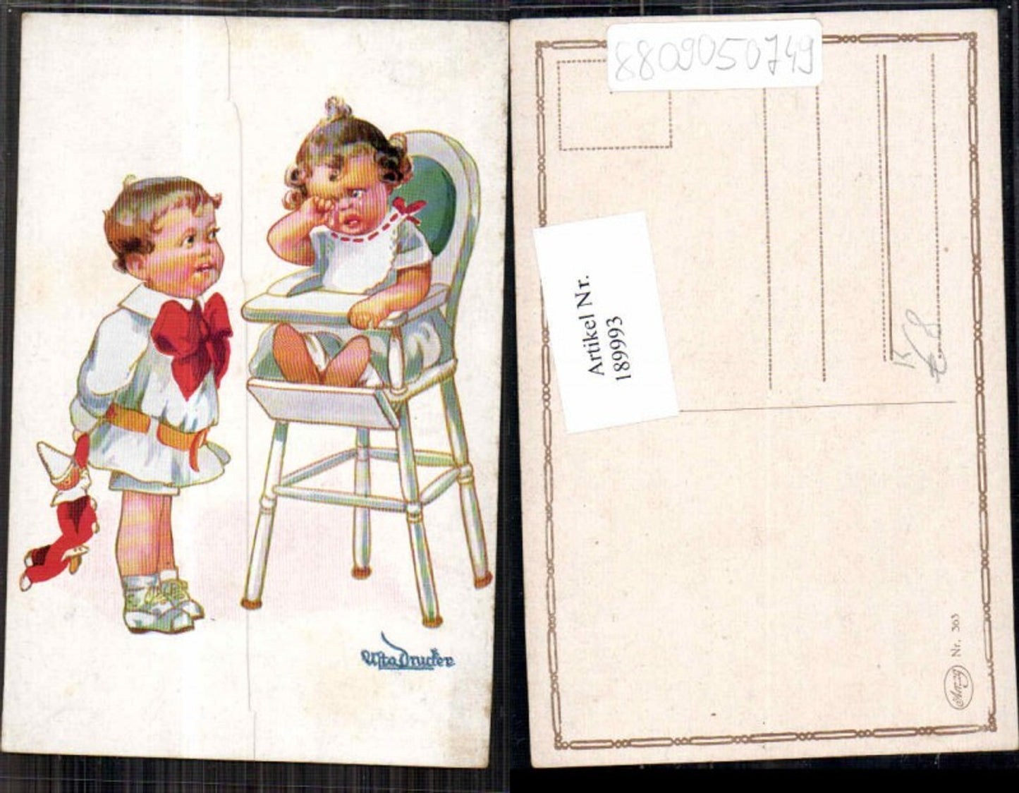 189993,Künstler AK Asta Drucker Kinder Hochstuhl Mädchen weint Junge nimmt Ihr Puppe weg