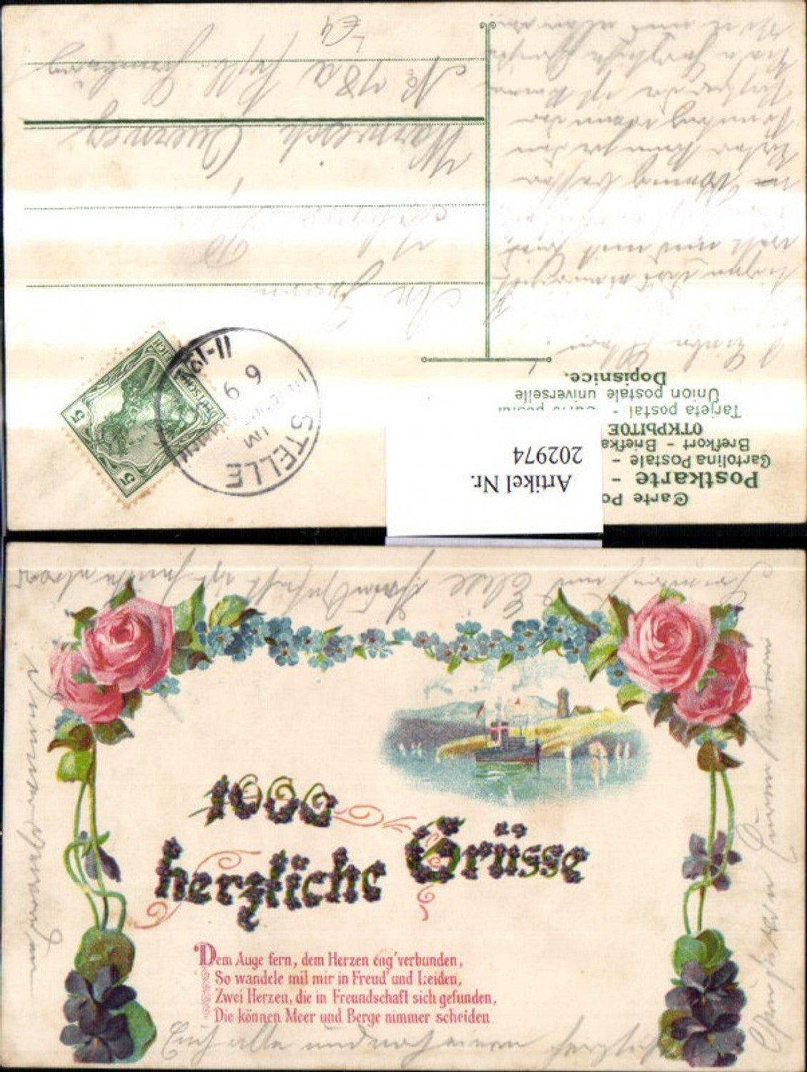 202974,Litho AK „1000 Herzliche Grüße“ Gedicht Blumen Rosen Veilchen Schiff