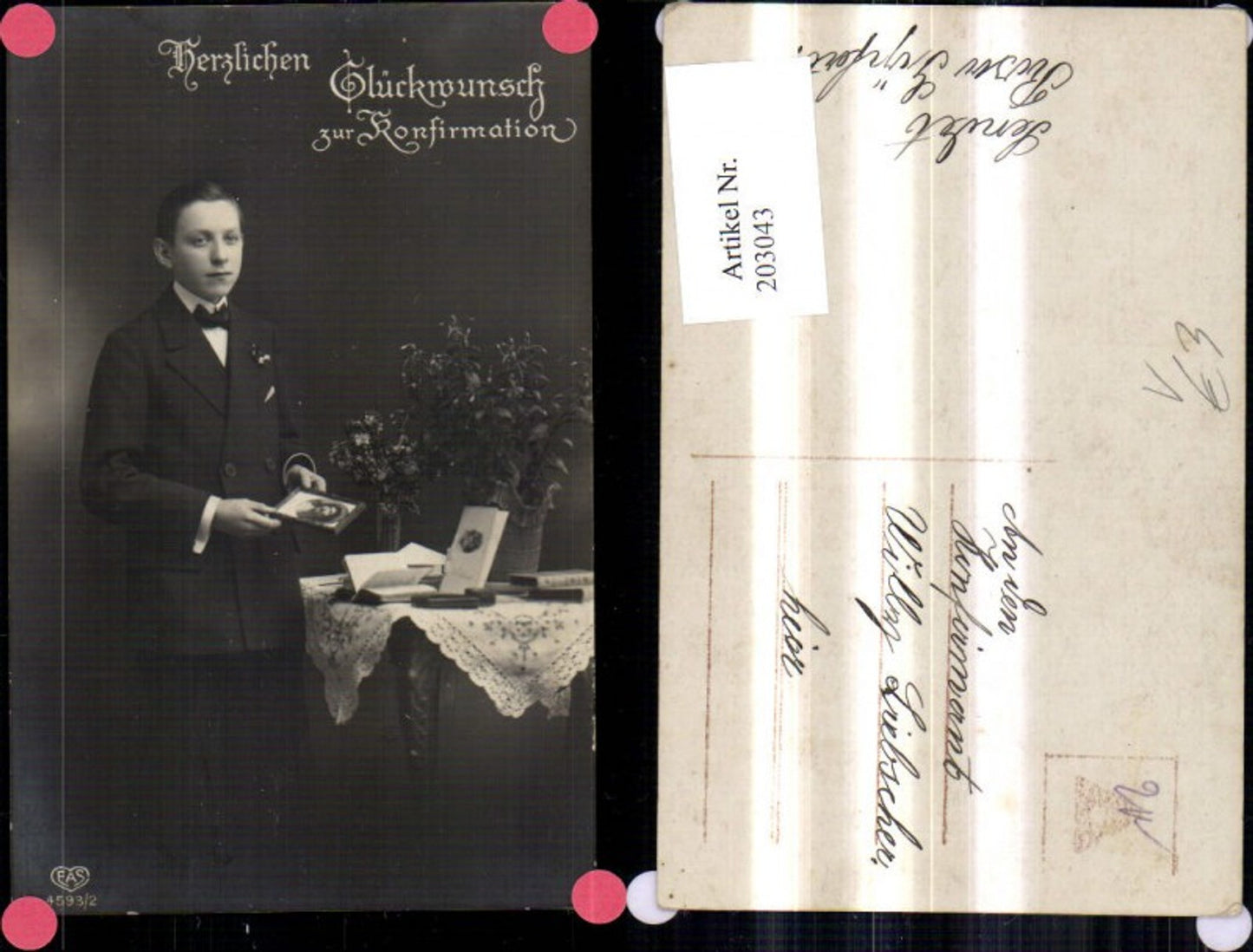 203043,Konfirmation Junge Bub b. Tisch Buch Bild Blumen pub EAS 4593/2