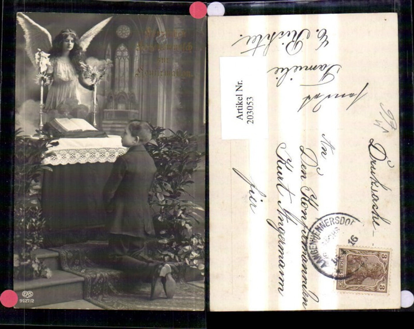 203053,Konfirmation Junge Bub kniet v. Altar Tisch Engel i. Hintergrund pub EAS 9127/2