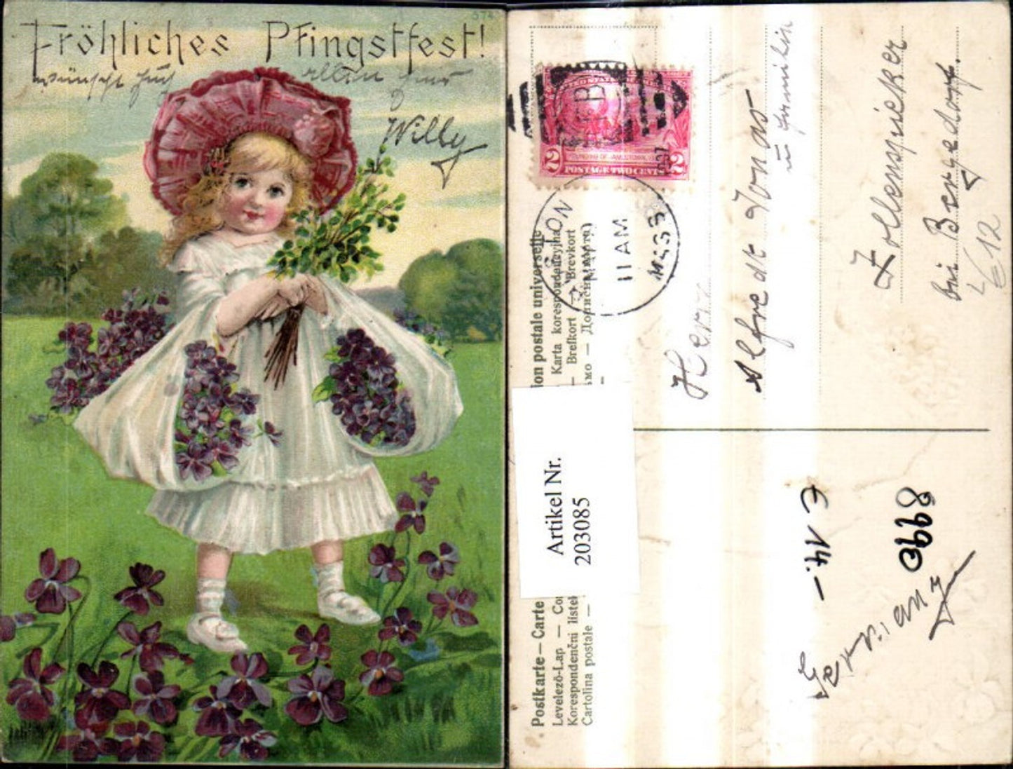 203085,Pfingsten Präge Litho Mädchen m. Blumen i. Tüchern Hut